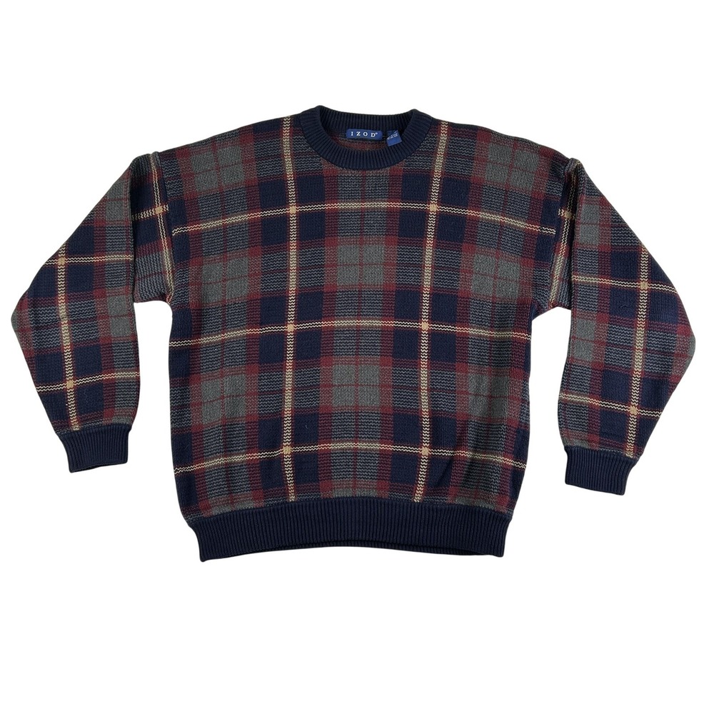 Vintage IZOD‎ Sweater Mens Large Multicolor Plaid Knit Crewneck Pullover 90s